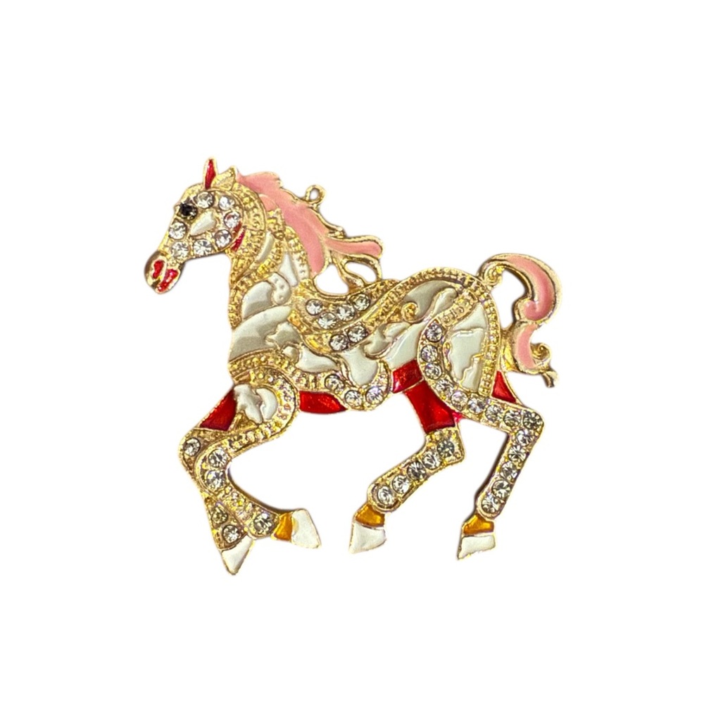 Red and Pink Horse Brooch in Gold Tone